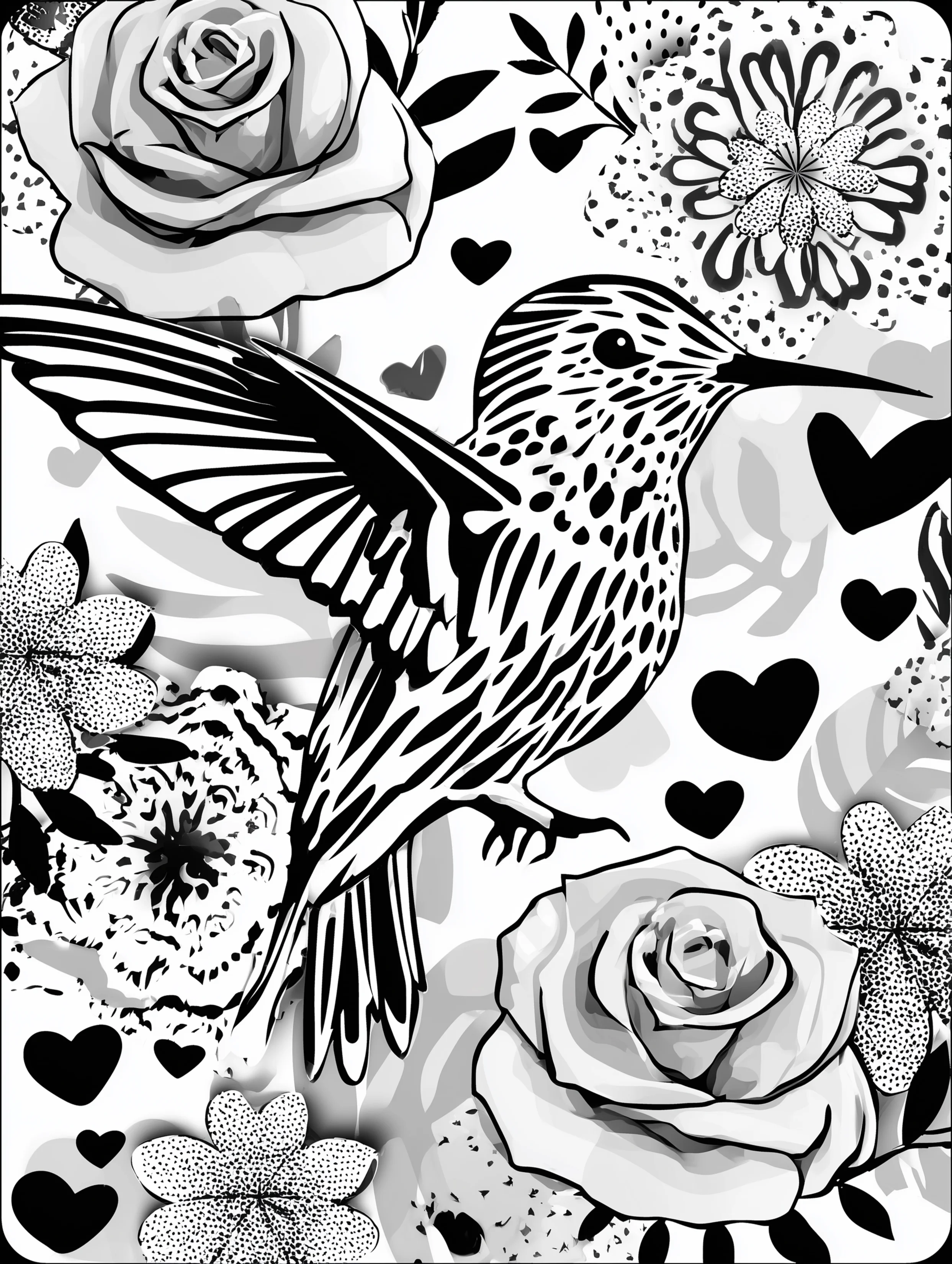 Free printable bird coloring page for adults featuring a flying hummingbird